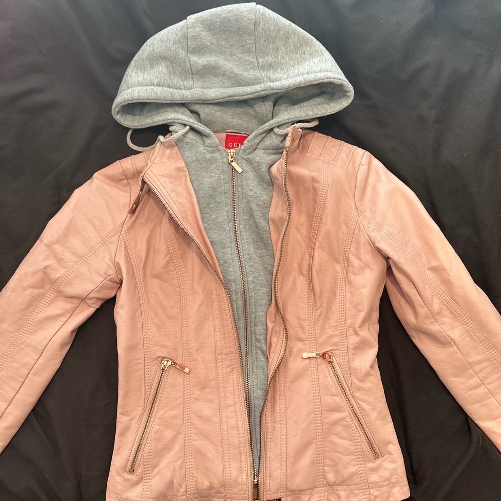 Guess Blush Leather Jacket with Charcoal Hoodie